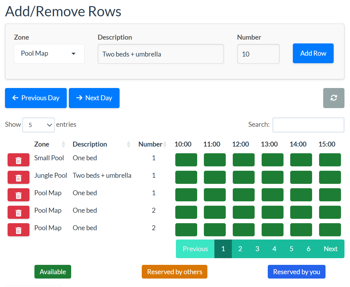 Manager hotel setup screen showing rows being added and reservation timing adjusted