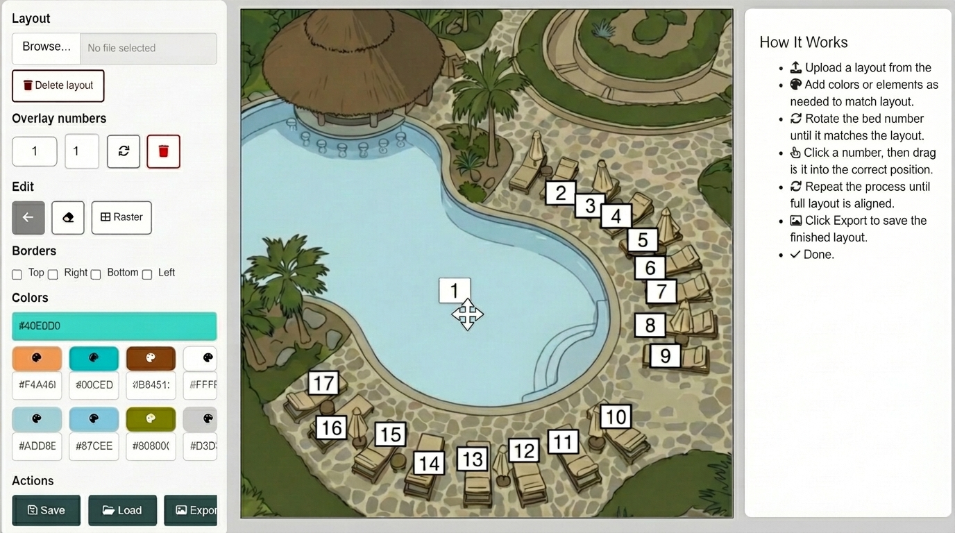 Manager layout setup screen showing sunbed numbers being placed over a pool map
